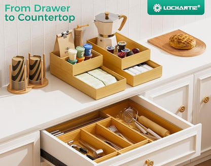Bamboo Kitchen Drawer Organizer Boxes – 9" x 6" Stackable Wood Silverware Utensil Tray for Drawers Bins, Cutlery & Flatware Storage – Wooden Organizers Set of 2 for Junk Drawer, Bathroom, RV