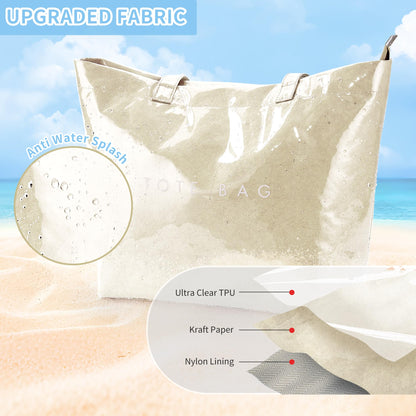 KALIDI PVC Zipper Tote Bag, Jelly Kraft Paper Beach Bag Large Hobo Carry All Travel Shopping Handbag Plastic Shoulder Bag (Beige)