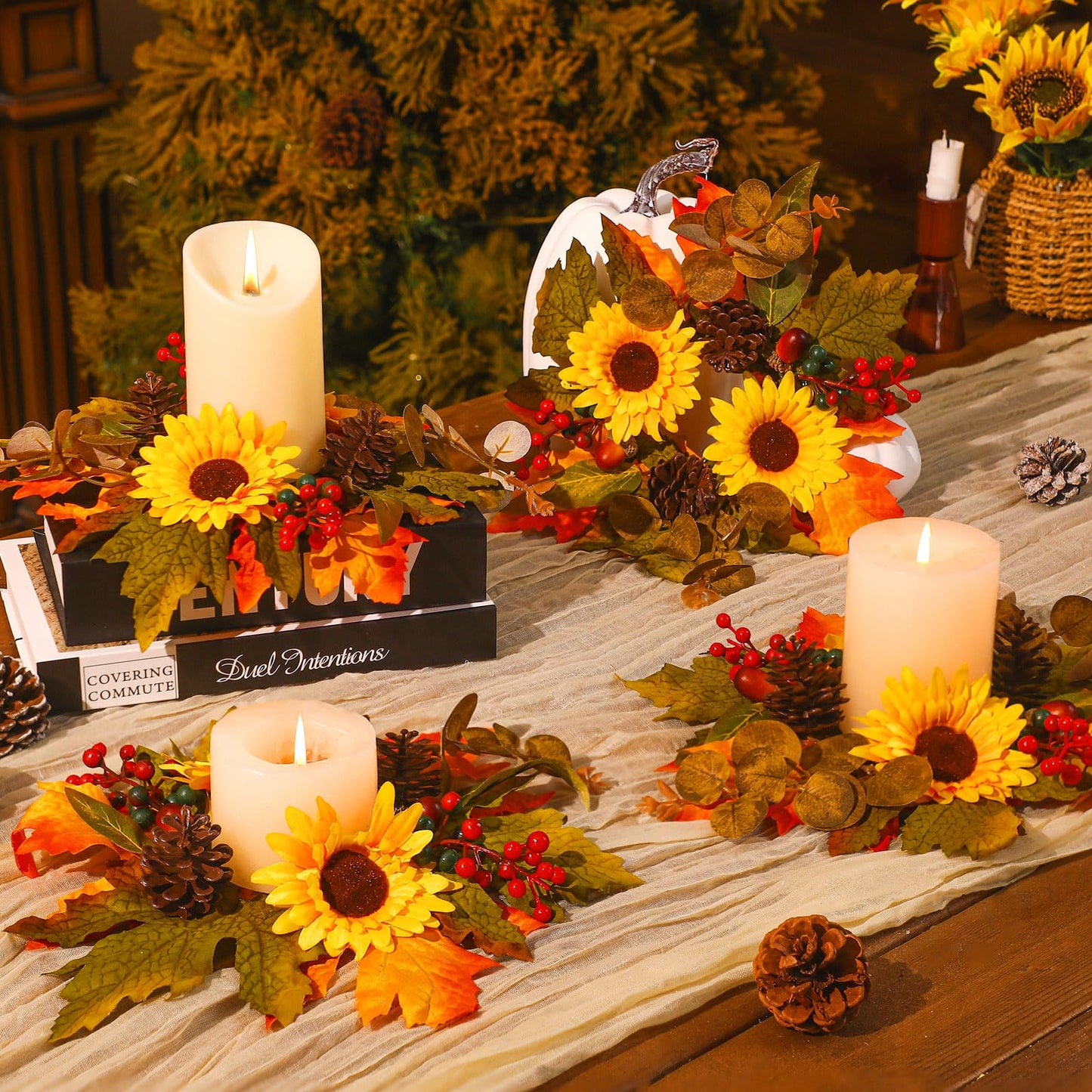 Ceenna 4 Pcs Thanksgiving Fall Candle Rings 3.7 Inch Center Fall Candle Rings Wreath Thanksgiving Autumn Decorative Artificial Maple Leaf Sunflowers Floral Holder Festival Holiday Party Decoration