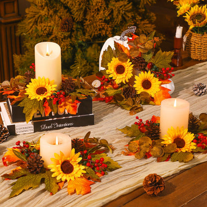 Ceenna 4 Pcs Thanksgiving Fall Candle Rings 3.7 Inch Center Fall Candle Rings Wreath Thanksgiving Autumn Decorative Artificial Maple Leaf Sunflowers Floral Holder Festival Holiday Party Decoration