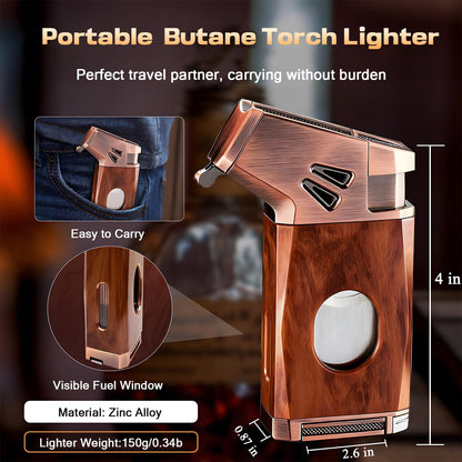 VloEssic Butane Torch Lighter Built-in Cutter, Punch, Holder, Draw Enhancer, Jet Flame Butane Refillable Lighter, Windproof Jet Lighter Adjustable, 5-in-1 Cool Lighters Gift for Men (Without Gas)