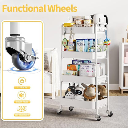 TOOLF 4-Tier Rolling Cart - Metal Storage Organizer with Lockable Wheels, 44 lbs Per Shelf Capacity, Tool-Free Assembly, for Kitchen Bathroom Office Laundry Room Nursery, White