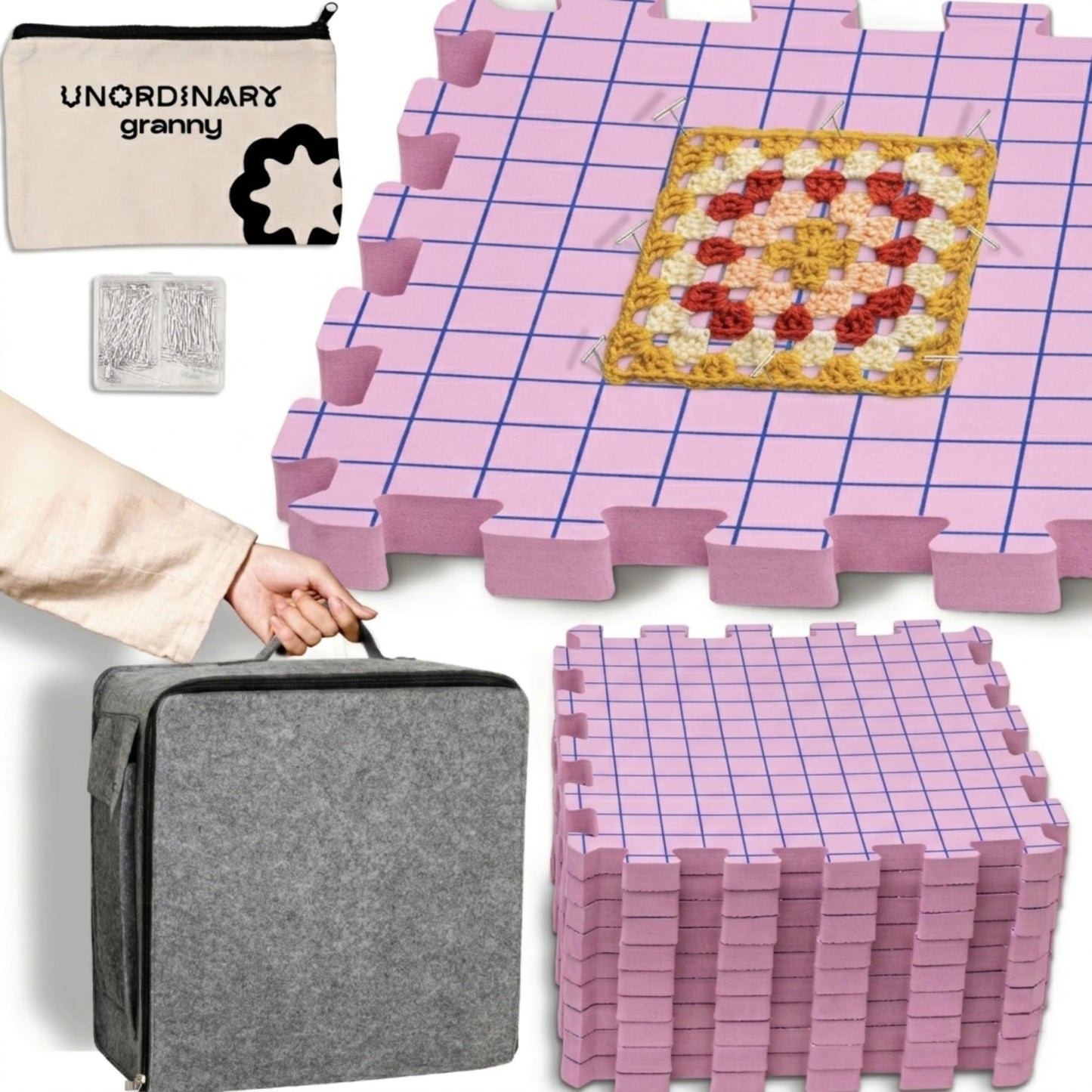 Unordinary Granny Crochet Blocking Board Set – 9 Extra Thick Interlocking Mats with Grid, 150 T-Pins, Felt Storage Bag and Cotton Pouch (Blush Pink)