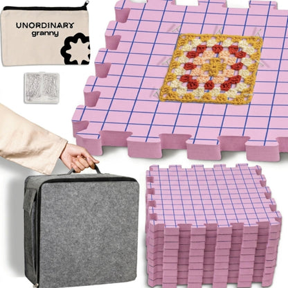 Unordinary Granny Crochet Blocking Board Set – 9 Extra Thick Interlocking Mats with Grid, 150 T-Pins, Felt Storage Bag and Cotton Pouch (Blush Pink)