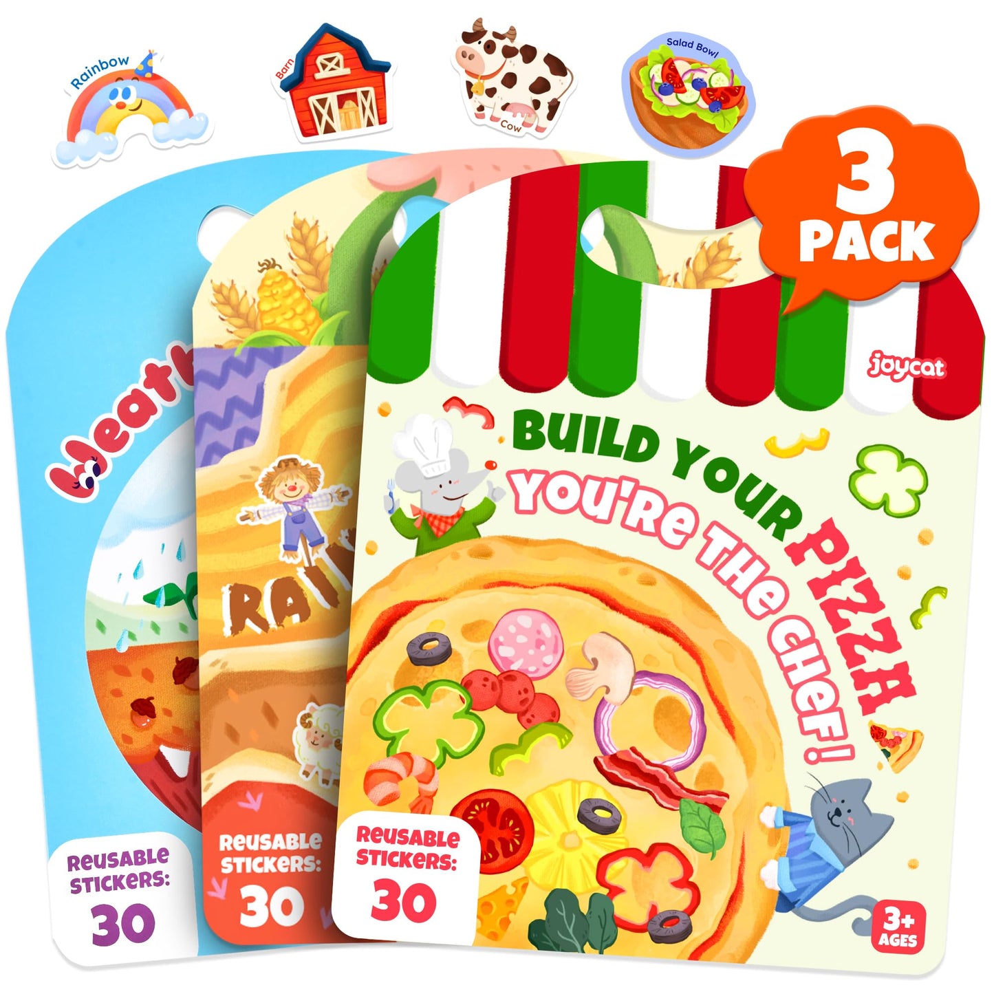 JoyCat Reusable Sticker Book Set (3-Pack): Farm, Pizza-Making, Weather - 90 Pcs Stickers for Toddlers, Kids Sticker Activity Book, Road Trip Travel Toys, Birthday Gifts for Boys and Girls
