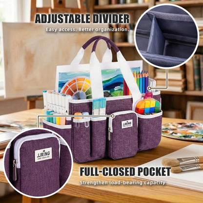 Jjring Craft Organizer Tote Bag, Portable Art Caddy with Adjustable Divider&Secure Zipper Pocket, Large Foldable Storage Tote for Scrapbooking, Sewing, Artist and Home(Deep Purple)