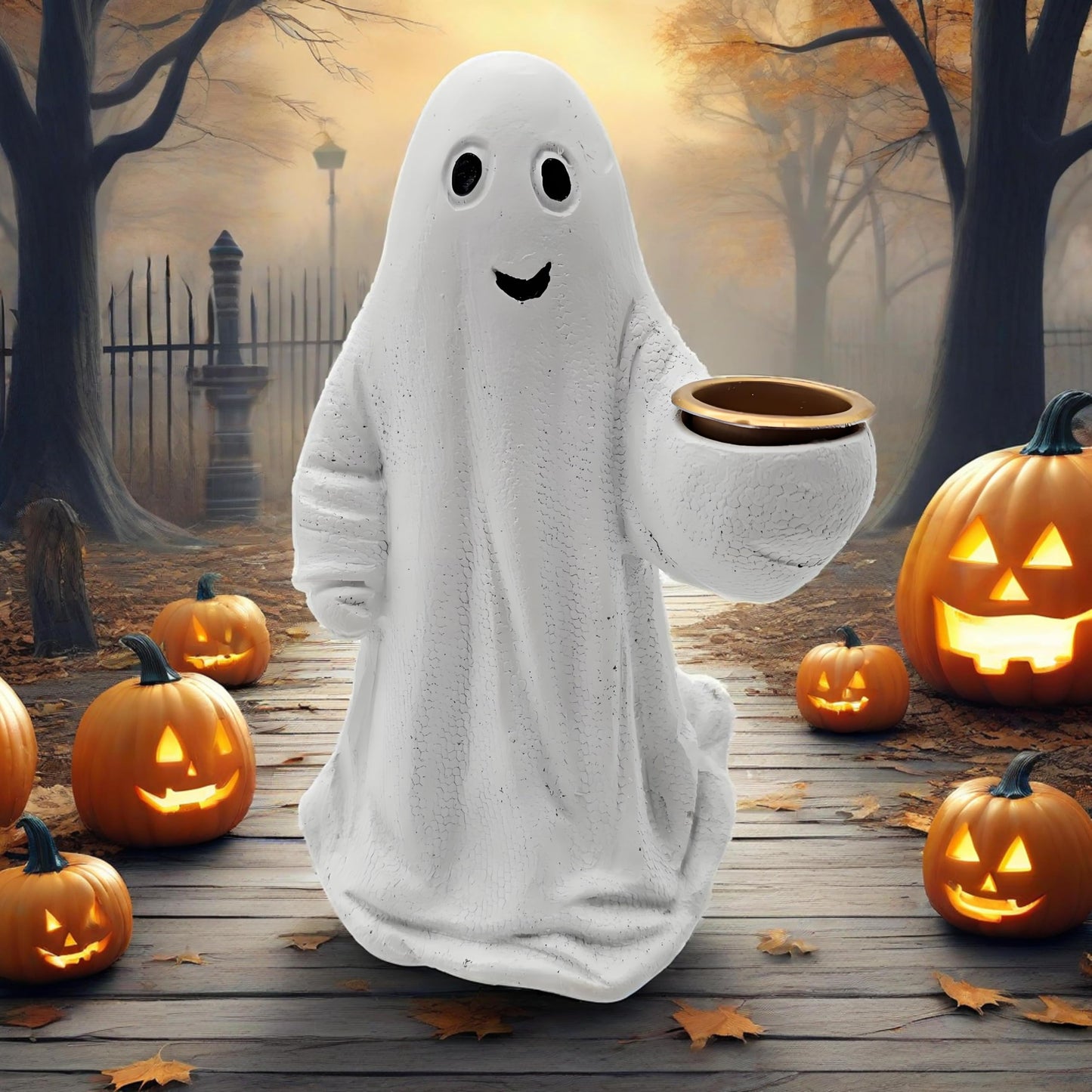 HARUHI Adorable Spooky Ghost Statue Figurine Cute Halloween Decor for Desk Shelf Home & Garden Decoration（Candelabra Ghost）