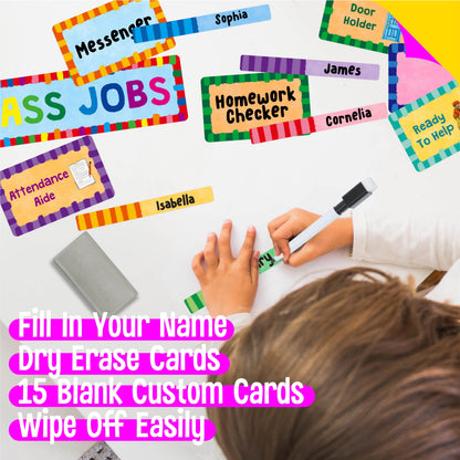SpriteGru Class Jobs Pocket Chart, 1 Pocket Chart+83 Erasable Cards+3 Metal Hooks+2 Markers, Teacher’s Helper for Classroom Home School Bulletin Board (24.6” x 26”, Black)