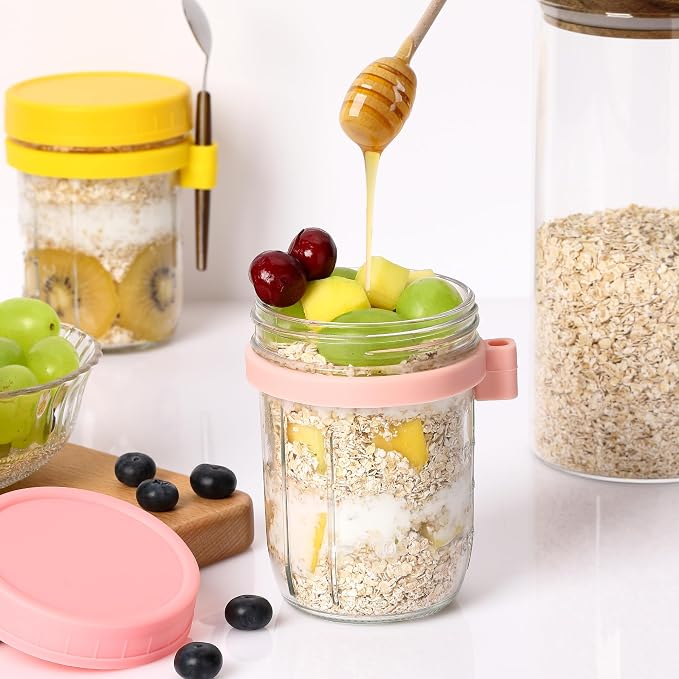 16oz Glass Mason Overnight Oats Jars, Cereal, Yogurt, Salad Lunch,Glass Overnight Oats Containers with Lids and Spoon, Container with Measurement Marks - (Pink-2Pcs)