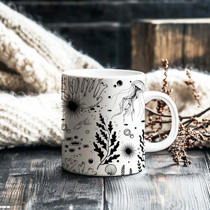 15 oz White & Black Boho Ceramic Coffee Mug with Octopus Art - Comes with a Gift Card - Unique Novelty and Cool Mugs for Men and Women, Ocean Themed Decor and Fun Gifts