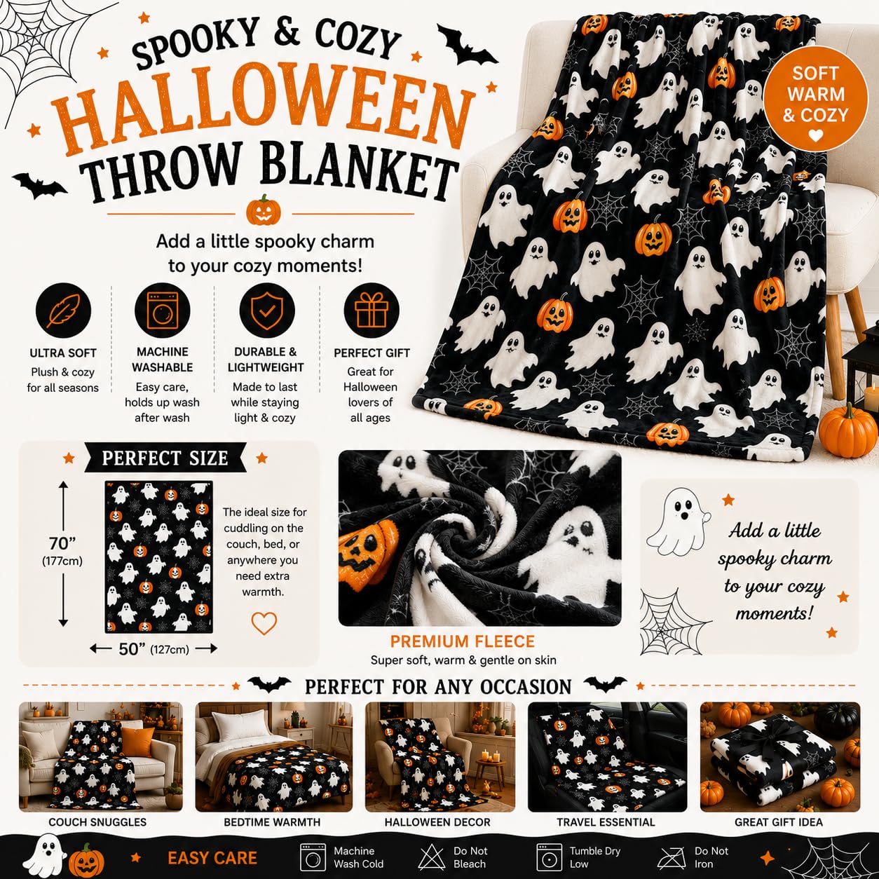 Halloween Fleece Throw Blanket: Jack O Lantern Pumpkins White Ghosts and Spiderwebs on Soft Black Velvet for Sofa, Couch, Chairs and Bed, 50" x 70"