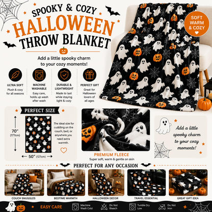 Halloween Fleece Throw Blanket: Jack O Lantern Pumpkins White Ghosts and Spiderwebs on Soft Black Velvet for Sofa, Couch, Chairs and Bed, 50" x 70"