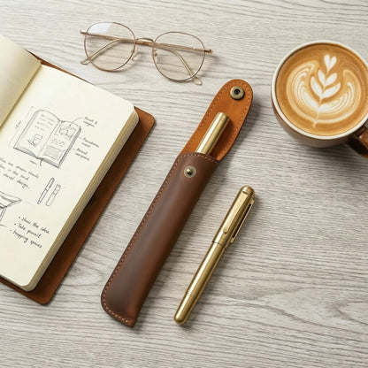 Yeedonzo Handmade Genuine Leather Pen Case Holder, Brown Single Fountain Pen Holder, Vintage Pen Case for Pens, Pencils & Ballpoints