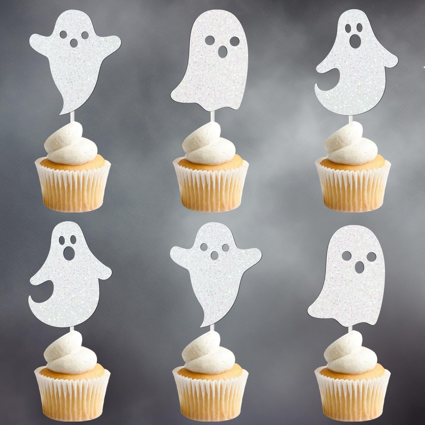 Halloween White Glitter Ghost Cupcake Toppers 24PCS Ghosts Baby Shower Cake Decorations Cute Ghost Cake Toppers for Happy Halloween Birthday Party Baby Shower Supplies