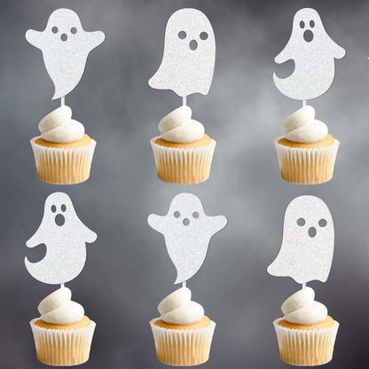 Halloween White Glitter Ghost Cupcake Toppers 24PCS Ghosts Baby Shower Cake Decorations Cute Ghost Cake Toppers for Happy Halloween Birthday Party Baby Shower Supplies