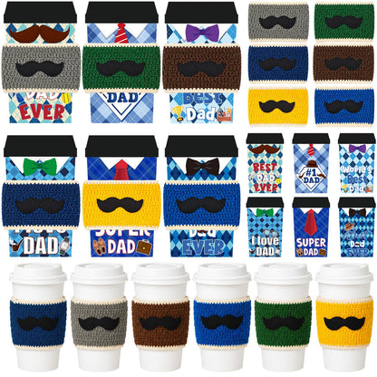 Cinrobiye Crochet Coffee Cup Sleeve Set, Father’s Day Gift Set for Dad and Grandpa, Reusable Knit Mug Cozy Covers 6 Pack with Appreciation Cards, Blue Coffee Cup Holder Gift