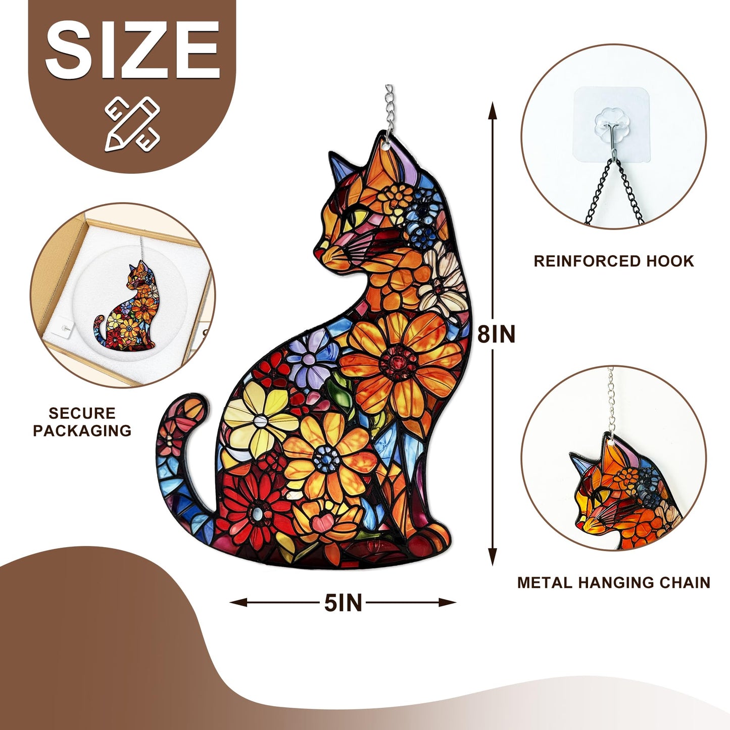 Black Cat Stained Glass Suncatcher with Cat‑Shaped Hook & Star Chain, Real Glass Window Hanging Decor, Fade‑Resistant UV Printed, Ideal Gift for Mom Women & Pet Lovers