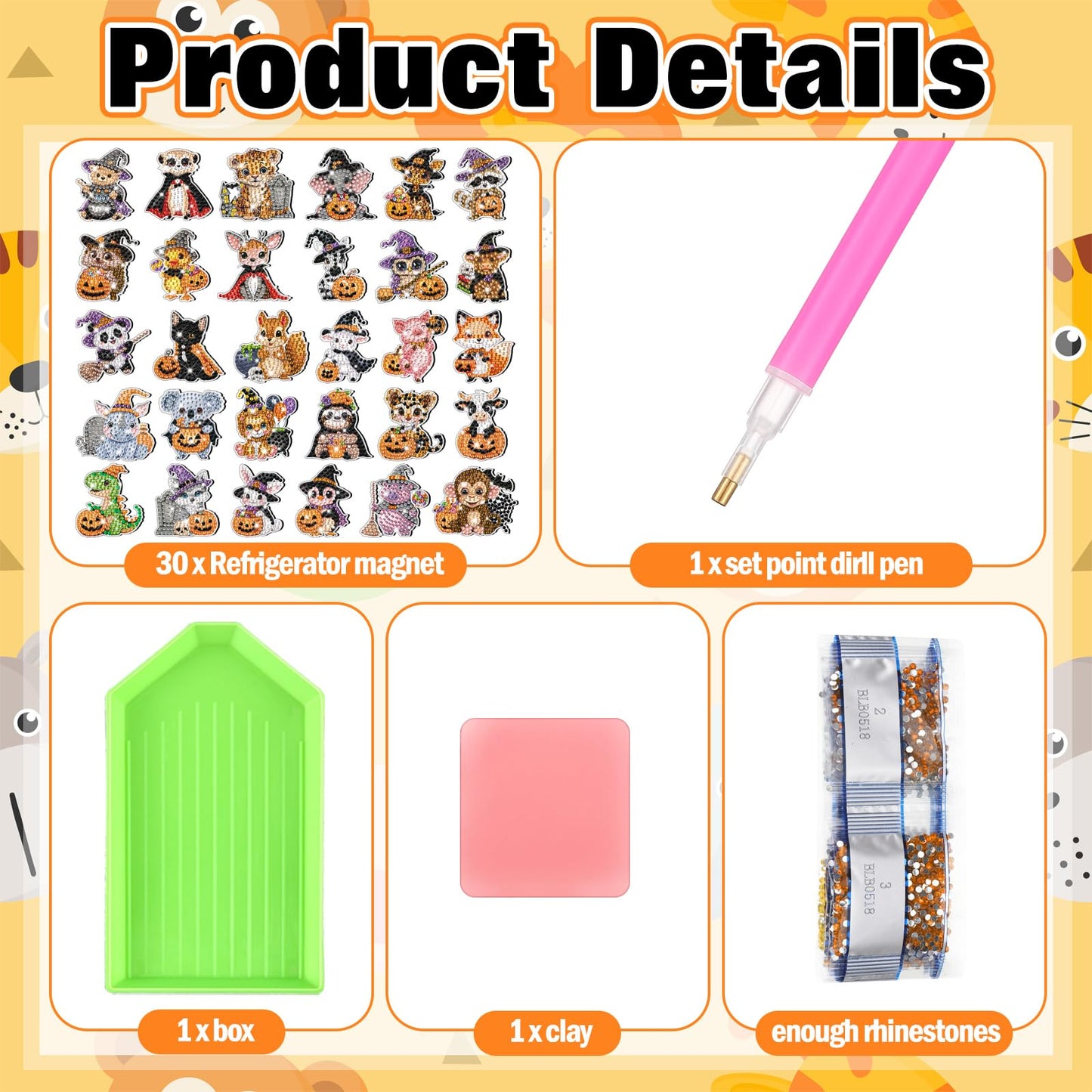 Xuhal 30 Pcs Halloween Diamond Painting Magnets Halloween Animal Diamond Art Magnet Kits for Adults Cute 5D Rhinestone Witch Hat Pumpkin Animal Refrigerator Magnetic Sticker for DIY Craft Fridge Gifts