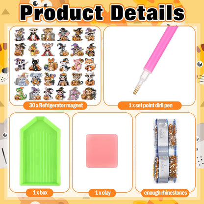 Xuhal 30 Pcs Halloween Diamond Painting Magnets Halloween Animal Diamond Art Magnet Kits for Adults Cute 5D Rhinestone Witch Hat Pumpkin Animal Refrigerator Magnetic Sticker for DIY Craft Fridge Gifts