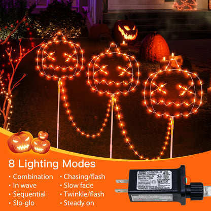 Halloween Walkway Lights,3PACK Hopolon Pumpkin Lights Halloween Decorations Outdoor Light Orange Plug-in Pumpkin Stake Light Pathway with IP44 Waterproof, 8Modes for Holiday Home Garden Yard Decor