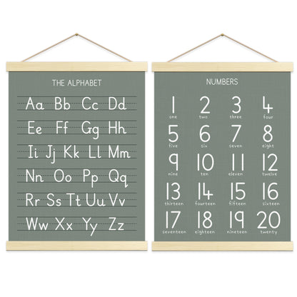 Numbers Alphabet Poster for Toddlers,Educational Wall Chart for Nursery Kids Learning, Homeschool & Playroom Decor and Bedroom for Wooden Hanger Frame Set of 2, 12x18 Inch - A02