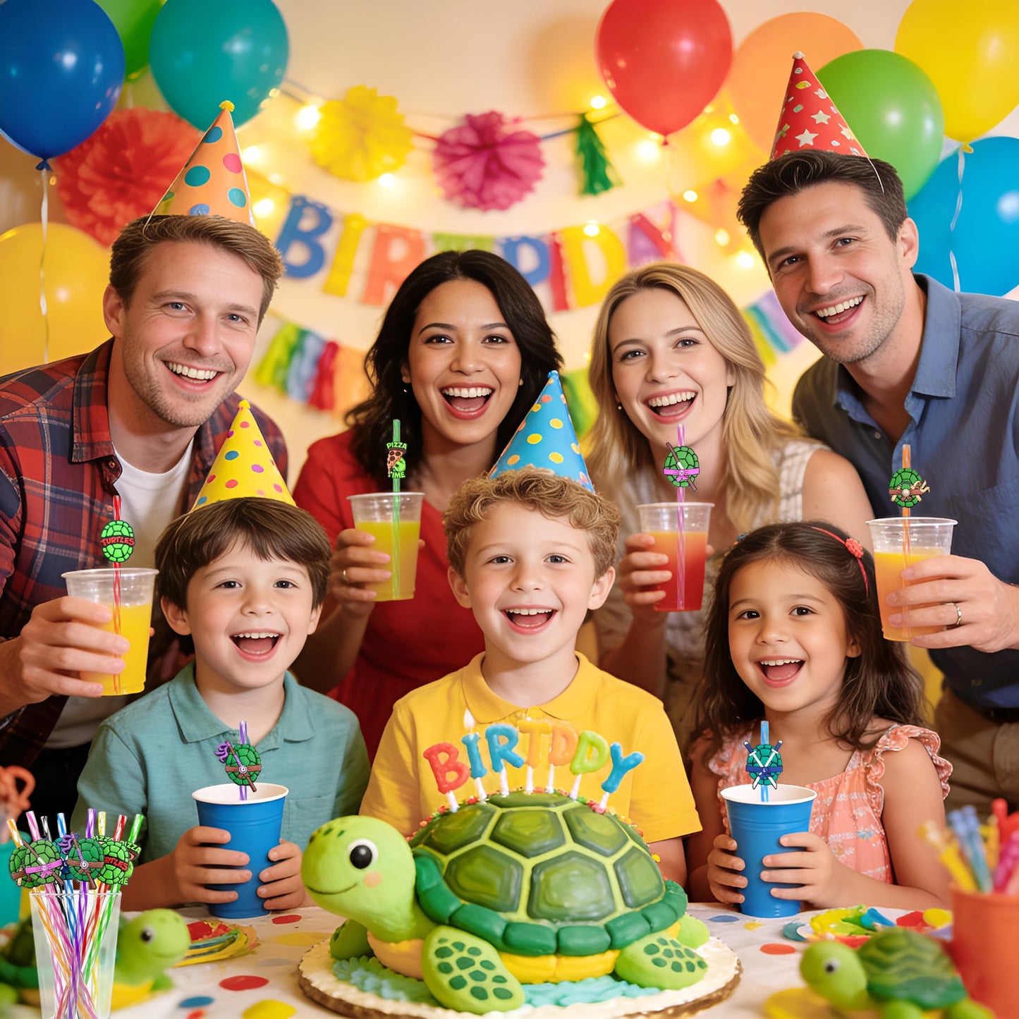 24 Green Turtles Birthday Party Decorations - Reusable Fun Plastic Straws for Kids Boys Girls Cartoon Pizza Turtle Party Favors - Cute Drinking Straws for Teenage Party Supplies Decor + 2 Brushes