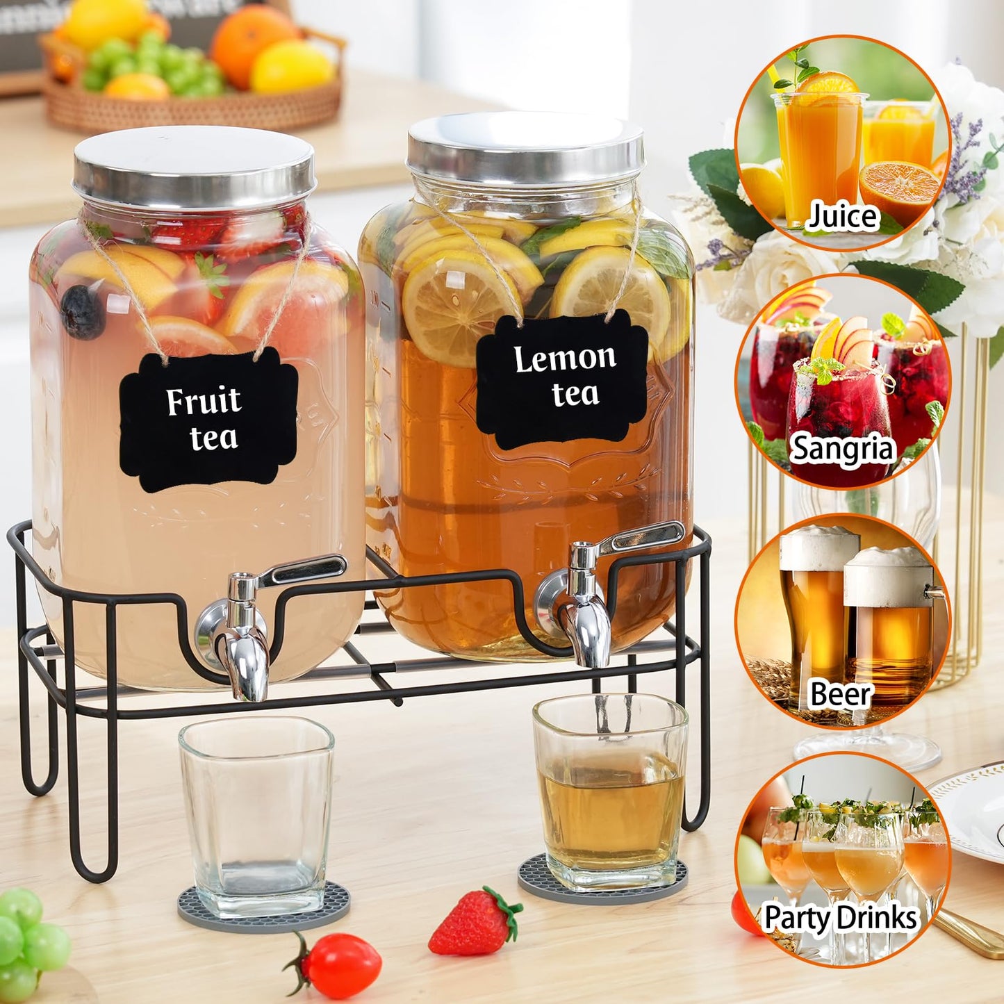 Bululuo Glass Drinks Dispenser for Parties, 2 PACK 1 Gallon Beverage Dispenser with Stand for Juice and Iced Tea, Water Jug Dispenser for Lemonade, Party Essential Beverage Pitcher with Spout