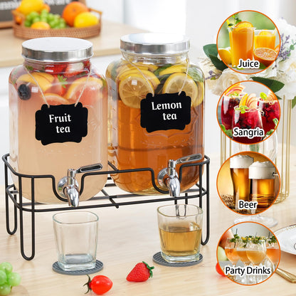Bululuo Glass Drinks Dispenser for Parties, 2 PACK 1 Gallon Beverage Dispenser with Stand for Juice and Iced Tea, Water Jug Dispenser for Lemonade, Party Essential Beverage Pitcher with Spout