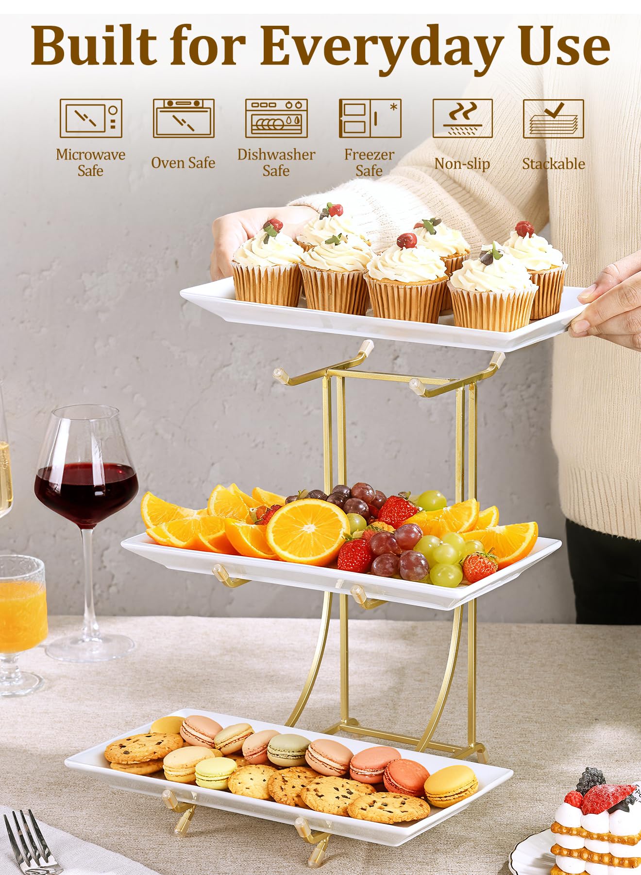 Yedio 3 Tier Serving Tray Set – 12 Inch Porcelain Serving Platters with Pre-Assembled Gold Metal Stand, No Installation Required, Tiered Tray for Dessert Fruit Food Display and Party Entertaining