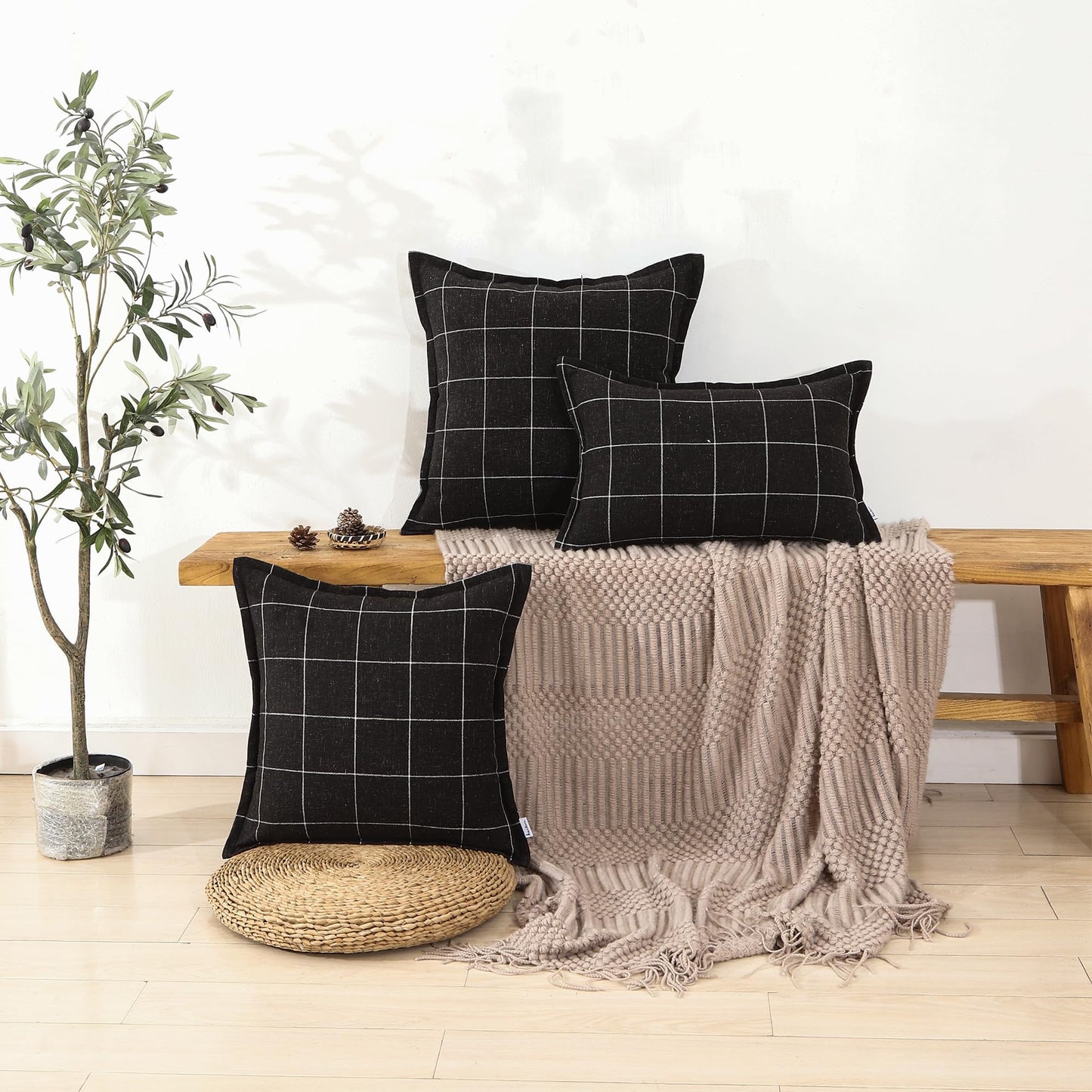 AMAROTI Quality Plaid Pillow Bohemian Style, Back Hidden Zipper Design More Like an Envelope, Linen Pillowcase, Each Pack of 2 Pillowcase Pillows Hand-Pressed Craft Black