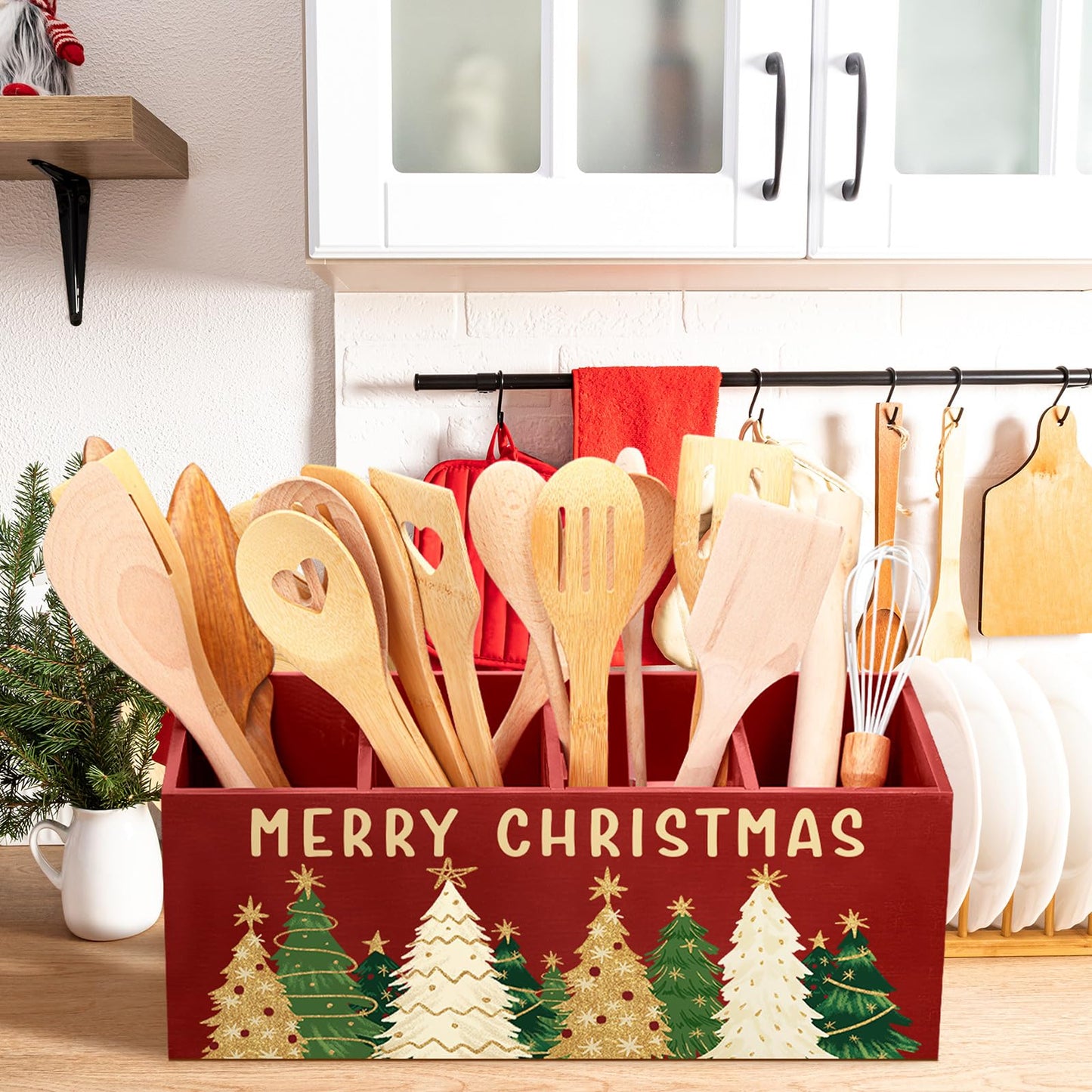Meanplan Christmas Utensil Holder Christmas Kitchen Decor Extra Large Kitchen Utensils Holder with 4 Compartments for Xmas Farmhouse Indoor Decoration