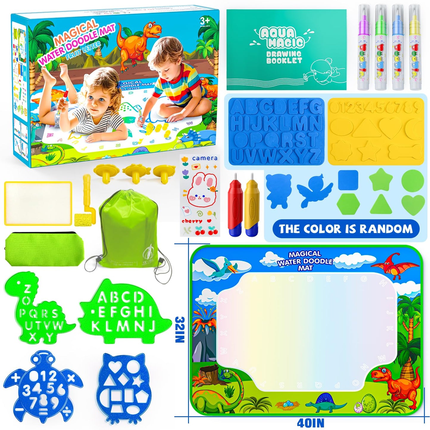 Water Doodle Mat, 40 x 32 Inch Mess Free Drawing Mat, Educational Toy for 3 4 5 6 7 8 Years Old Boys Girls, Neon Color Mat Doodle Board Writing Drawing Toys Holiday Christmas Birthday Gifts