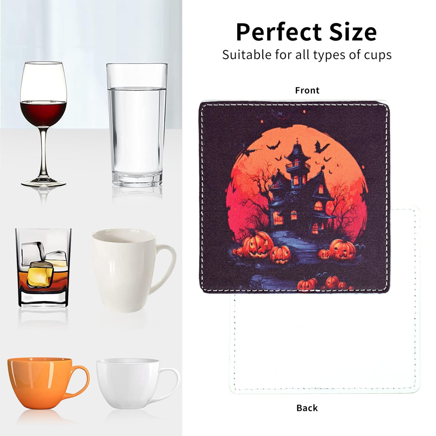 Marble Coasters Square Leather Drinks Coaster Set with Holder for Coffee Table Bar Home Decor 4 Inches Set of 6 (Halloween, One Size)