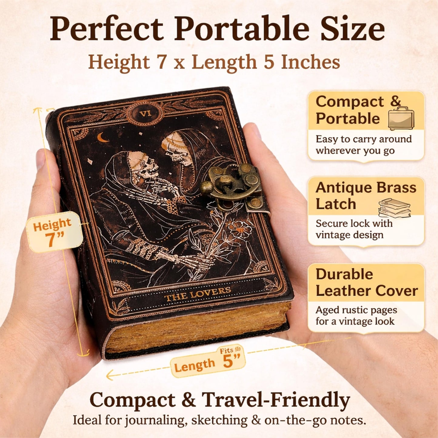cuero Book of Spells Leather Journal Deckle Edge Paper Grimoire Printed Journal The Lovers Tarot Notebook Spiral Gothic Notebook Skull lover Antique Vintage Leather Journals for Men and Women