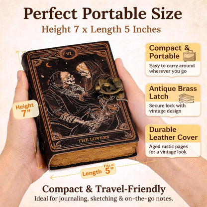 cuero Book of Spells Leather Journal Deckle Edge Paper Grimoire Printed Journal The Lovers Tarot Notebook Spiral Gothic Notebook Skull lover Antique Vintage Leather Journals for Men and Women