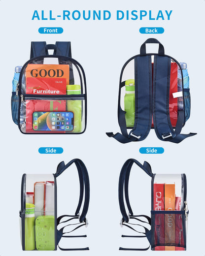 Paxiland Clear Backpack Stadium Approved 12×12×6 with Reinforced and Wider Shoulder Straps, Small Clear Bag for Schools, Concerts, Work, Festivals and Sporting Events - Navy