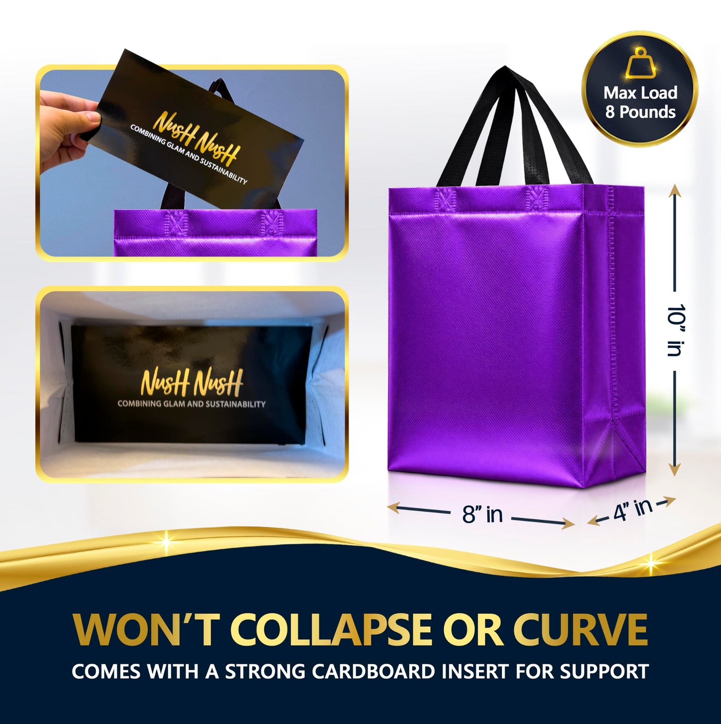 Nush Nush Purple Gift Bags Medium Size – Set of 12 Purple Reusable Gift Bags With Handles - Perfect Goodie Bag for Halloween Treats, Holidays, Christmas Presents, Birthday Party Favors – 8Wx4Dx10H