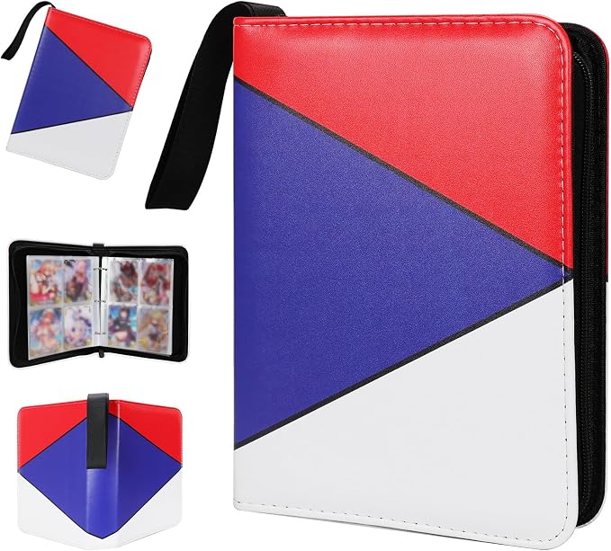 Collectible Trading Card Albums,4 Pocket Card Binder, 400 Double Sided Pocket PU Premium Zip Trading Collection Binderwith 50 Removable Sleeves, Card Folder forTCG, Sports Cards (Red& Blue & white)