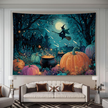 Liuzhouzai Halloween Pumpkin Tapestry Wall Hanging Broomstick-Riding Witch Personalized Background Living Room and Bedroom Wall Decoration 80 x 60 Inches