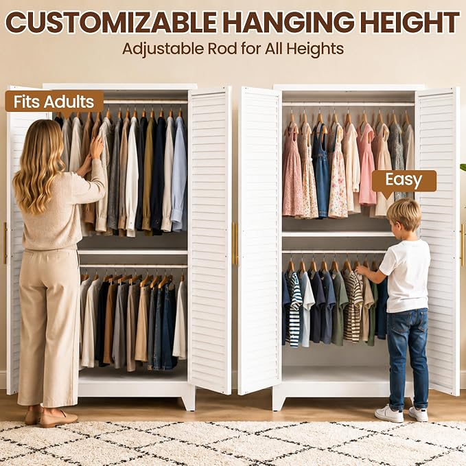 Metal Armoire Wardrobe Closet, 71" Clothing Storage Cabinets with Adjustable Hanging Rod, Louvered Doors, 2 Side Hooks & 2 Adjustable Rod- Closet Cabinet for Bedroom, Laundry Room, Cloak Room