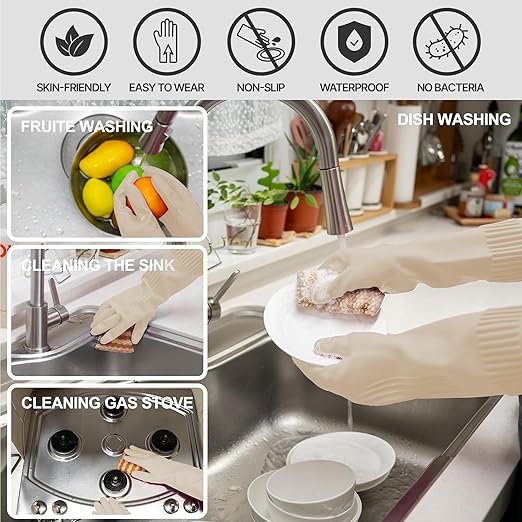 DABOGOSA Mamison 2 Pairs Reusable Waterproof Household Dishwashing Cleaning Rubber Gloves, Non-Slip Kitchen Glove (Ivory, Small (Pack of 2))
