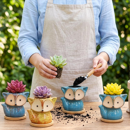 Dicunoy 6 Pack Mini Animal Succulent Planters with Bamboo Tray, 4" Ceramic Fox Flower Pots with Drainage Hole, Cute Cactus Planter for Indoor Plants, Home, Office, Window Decoration