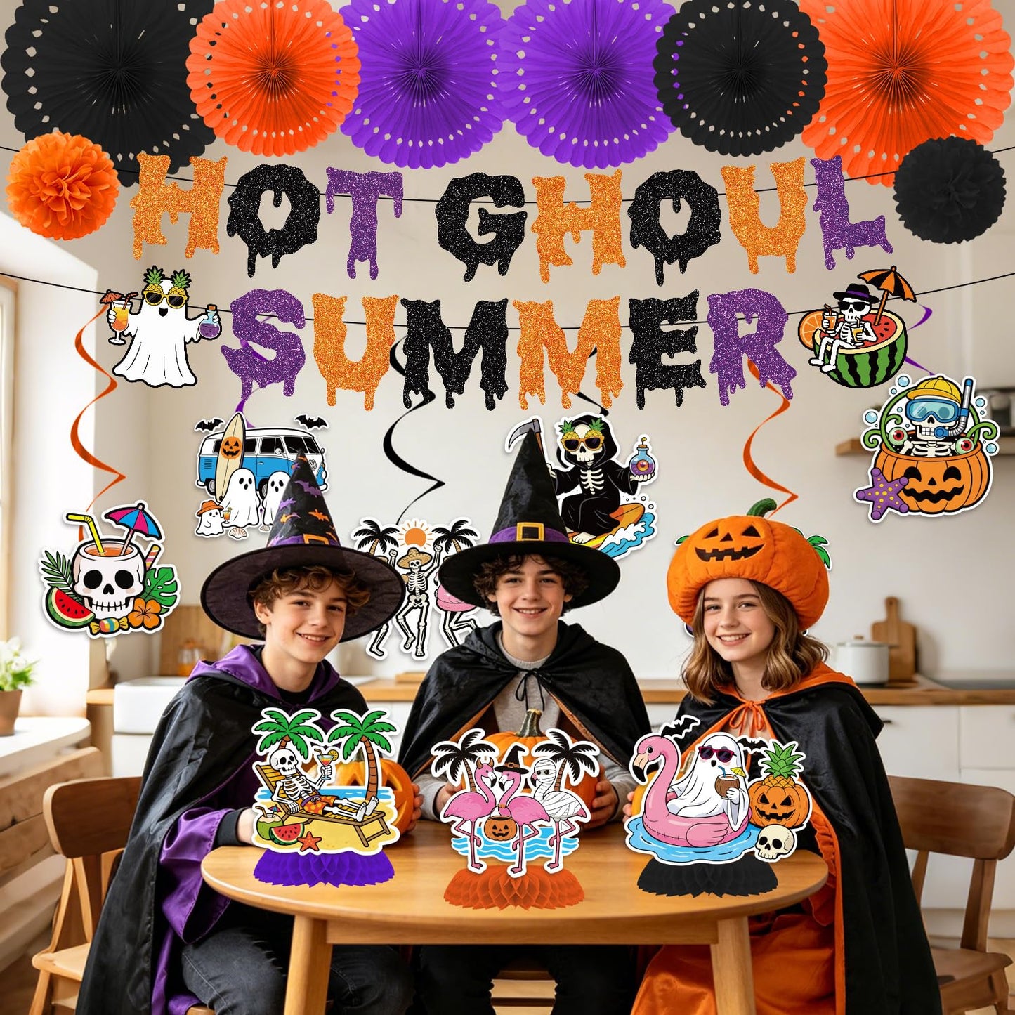Musaeva Happy Summer Ween Party Decorations, 19PCS Summer Halloween Banners with Hanging Swirls Decorations, Hot Ghoul Paper Fans with Paper Poms Decor for Hallows' Eve Ghost Supplies