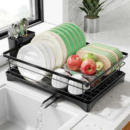 Simple Trending Dish Drying Rack, Space-Saving Dish Rack for Kitchen Counter, Stainless Steel Dish Drainer with Cutlery Holder and Drainboard, 12''W x 17''L, Black