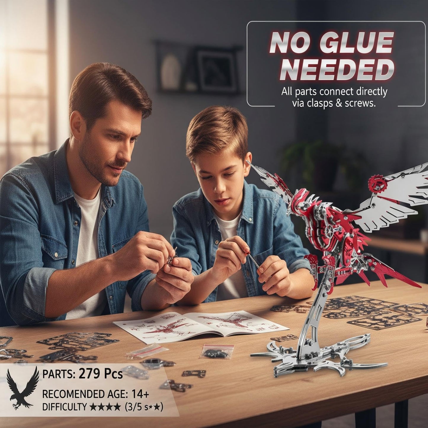 Eagle 3D Metal Puzzles for Adults, 279 PCS Stainless Steel DIY Mechanical Metal Model Kits, No Glue Assembly with Movable Joints, Challenging Metal Building Kit Desk Decor Gift (Silver Red Eagle)
