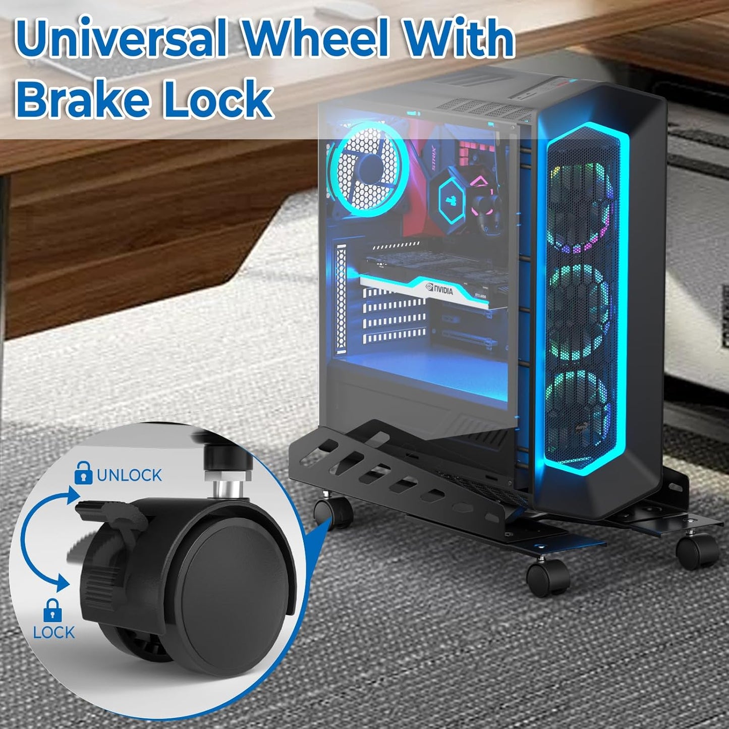 AGPTEK CPU Stand, Computer Tower Stand Adjustable Length(15.7"-20")and Adjustable Width (6.3"-11.8") with 2 Locking Wheels and 2 Caster Wheels, UPC Steel Rolling Stand Computer Stand for Desktop Tower