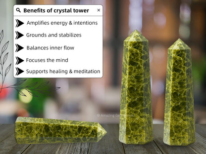 Amazing Gemstone Green Tourmaline in Matrix Crystal Towers - Natural Healing Crystal Point Obelisk for Reiki Healing and Crystal Grid (3" to 4" INCH)