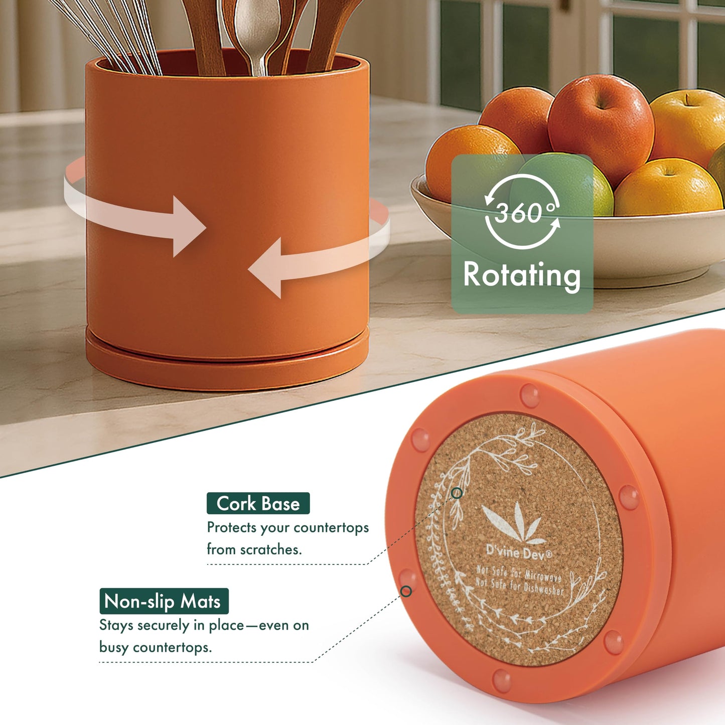 D'vine Dev 360° Rotating Utensil Holder – 7.2" Kitchen Utensil Crock for Countertop, Modern Cooking Tool Organizer for Kitchen Storage & Décor, Pumpkin, 72-X-E-2