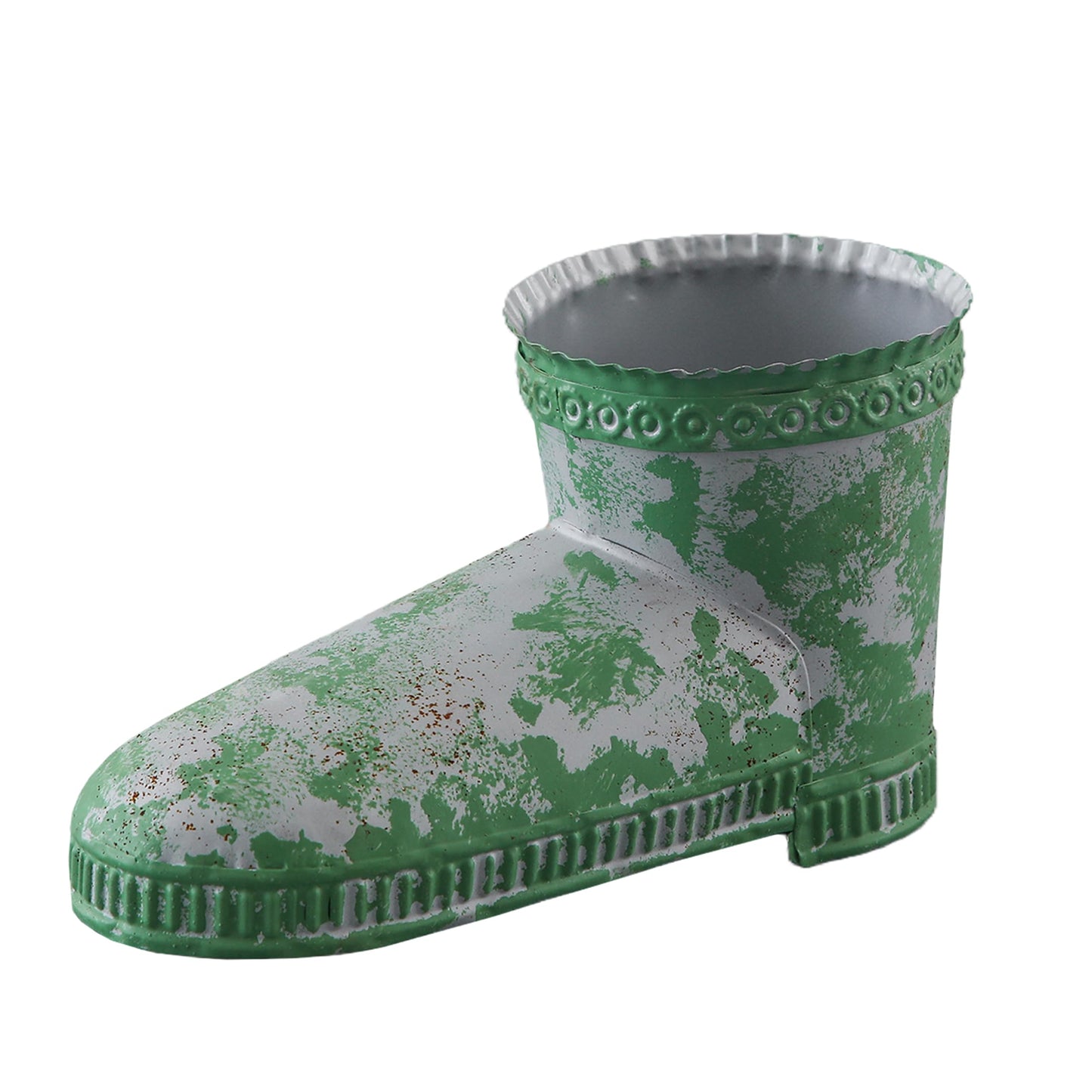 SOFE Rustic Boot Planter, Metal Decorative Flower Pots for Succulents, Herbs, Indoor/Outdoor Boot Vase, Unique Country Home Decor, Green Distressed Finish