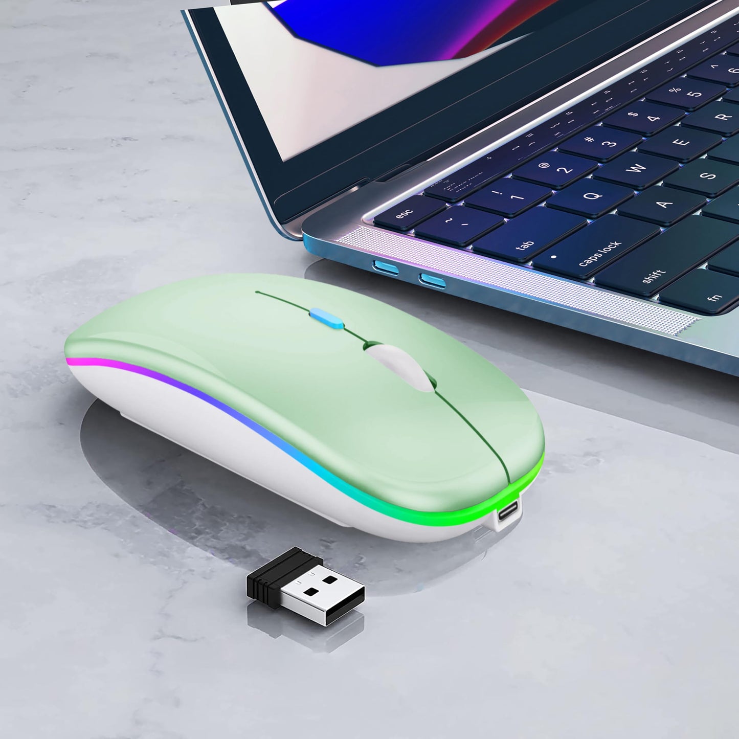 Wireless Bluetooth Mouse Rechargeable Laptop Mice with LED Lights Silent Slim Use(BT5.2 and 2.4G Portable USB Receiver)Dual Mode Computer Mouse for Laptop/iPad/Tablet/Apple/Computer/Mac(Black)